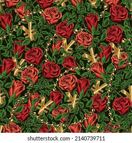 Patrón inmaculado de vintage con rosas floridas con tallo, cadenas de oro, yuanes dorados, símbolos yenes. Sobrecarga densa de elementos. Ilustración del vector