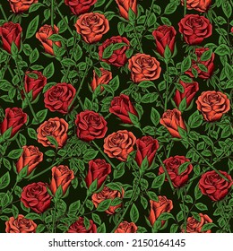 Vintage seamless pattern with lush blooming red and orange roses with stem and leaves. Dense overlay of elements. Vector illustration