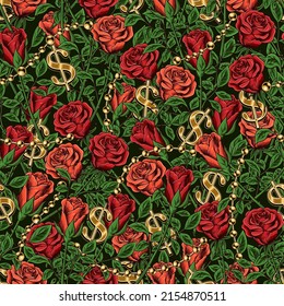 Vintage seamless pattern with lush blooming red and orange roses with stem, gold chains, gold dollar symbols. Dense overlay of elements. Good for gift wrapping, decoration. Vector illustration