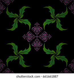 Vintage seamless pattern with magenta and green repeating elements on black background. Oriental abstract vector classic pattern.