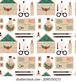 Vintage seamless pattern with mailing elements on white background. Flat vector illustrations of envelopes with mail,  pen, pencil, postmarks, plants, scissors, vintage post office.