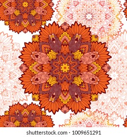 Vintage seamless pattern with mandala lace ornament. May be used for design of packaging, invitations, postcard.