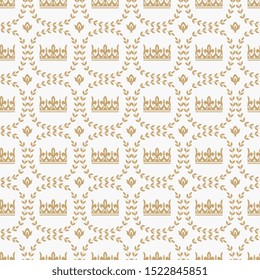 Vintage seamless pattern with medieval royal crown icon vector illustration. Texture for VIP wrapping with engraving king or queen imperial heraldic insignia symbol.