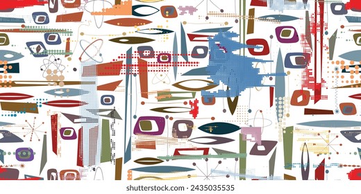 Vintage seamless pattern with mid century modern design elements .  Endless pattern with vector abstract shapes.