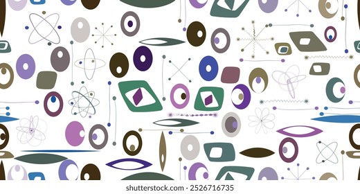 Vintage seamless pattern with mid century modern design elements .  Endless pattern with vector abstract shapes. Retro fabric pattern