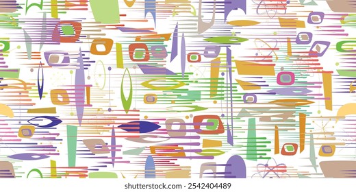 Vintage seamless pattern with mid century  design elements .  Endless pattern with vector abstract shapes. Retro fabric pattern. Vintage background. Seamless vector design
