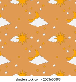 Vintage seamless pattern with moon, stars, sun and clouds. Boho style pattern. Digital retro paper with celestial bodies. Vector pattern