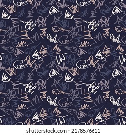 Vintage seamless pattern. Multi-colored doodles are randomly located on a dark background. Vector.