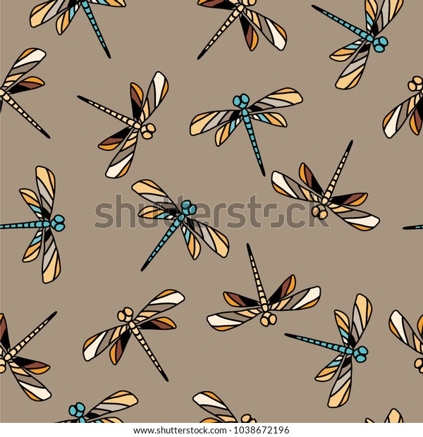 Vintage seamless pattern\
with multi-colored dragonflies on a gray background, vector\
illustration