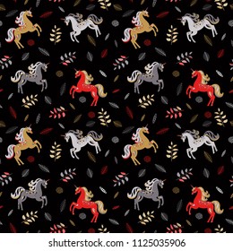 Vintage seamless pattern. Multicolored unicorns among the branches and leaves. Magic creatures.