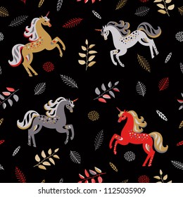 Vintage seamless pattern. Multicolored unicorns among the branches and leaves. Magic creatures. Fairytale ornament.