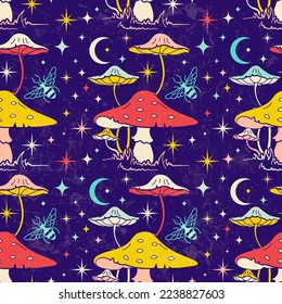 Vintage seamless pattern with mushroom. Retro dark surreal wallpaper with fun fungi and toadstools, agaric. Boho Celestial vision, floral tricky seamless pattern.