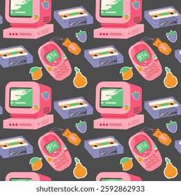 Vintage seamless pattern with music cassettes, computer, 90s lofi style phone
