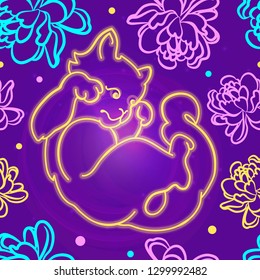 Vintage seamless pattern with mysterious fluorescent glowing cat surrounded by flowers. Vibrant neon cheshire cat under in wonderland. Used as web wallpaper, poster, background.