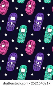 Padrão sem emenda vintage com telefones coloridos de néon de 2000. Conceito de tecnologia retro vetorial. Ideal para crianças têxteis, estacionário, papel de parede, papel de parede