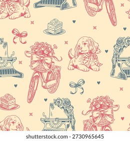 Padrão sem costura vintage com objetos de estilo de vida romântico nostálgico. Elementos de esboço desenhados à mão. Perfeito para papel de embrulho, tecido, artigos de papelaria e design de superfície com tema retro.