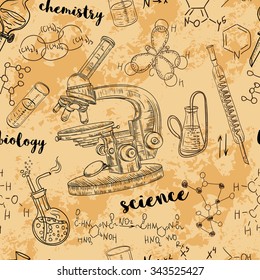 Vintage seamless pattern old chemistry laboratory with microscope, tubes and formulas. Vector retro hand drawn illustration in sketch style