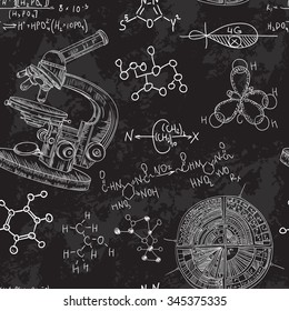 Vintage seamless pattern old chemistry laboratory with microscope and formulas. Vector retro hand drawn illustration in sketch style