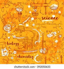 Vintage seamless pattern old chemistry laboratory with microscope, tubes and formulas on aged paper background. Vector retro hand drawn illustration in sketch style