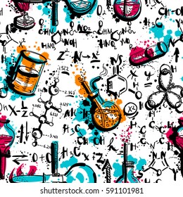 Vintage seamless pattern old chemistry laboratory with tubes and formulas. Hand drawn vector illustration in watercolor style