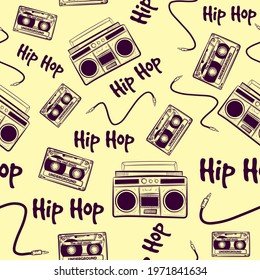Vintage seamless pattern with old music hip hop elements. Repetitive background with boomboxes, cassettes and cables. Nostalgic retro art from the 90s and 80s with hiphop devices.
