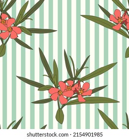 Patrón inmaculado con flor rosa Oleander. Composición floral. Corales rosas Rododendros flores en un fondo azul.