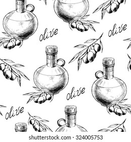 Vintage seamless pattern with olive branch  and olive oil bottle, hand drawn vector ink illustration.