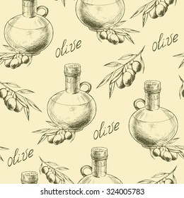 Vintage seamless pattern with olive branch  and olive oil bottle, hand drawn vector ink illustration.