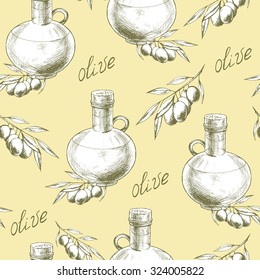 Vintage seamless pattern with olive branch  and olive oil bottle, hand drawn vector ink illustration.