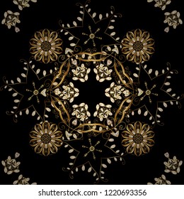 Vintage seamless pattern on a beige, black and brown colors with golden elements. Vector illustration.