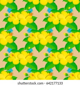 Vintage seamless pattern on a beige background. Hand written vector hibiscus flowers, stamps, keys.