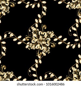Vintage seamless pattern on a black and yellow colors with golden elements. Vector illustration.
