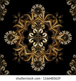 Vintage seamless pattern on a black, brown and beige colors with golden elements. Vector illustration.