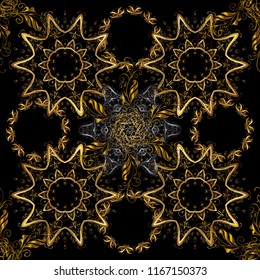 Vintage seamless pattern on a black, brown and yellow colors with golden elements. Christmas 2019, snowflake, new year.