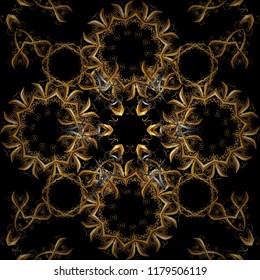 Vintage seamless pattern on a black, brown and yellow colors with golden elements. Vector illustration.