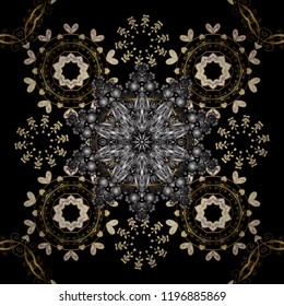 Vintage seamless pattern on a black, gray and brown colors with golden elements. Christmas 2019, snowflake, new year.