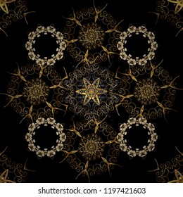 Vintage seamless pattern on a black, gray and brown colors with golden elements. Vector illustration.