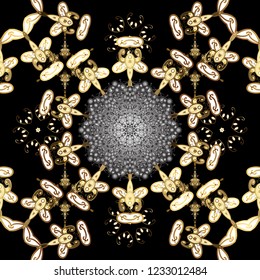 Vintage seamless pattern on a black colors with golden elements. Christmas 2019, snowflake, new year.