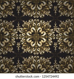 Vintage seamless pattern on a black colors with golden elements. Christmas 2019, snowflake, new year.