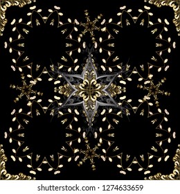 Vintage seamless pattern on a black and gray colors with golden elements. Christmas 2019, snowflake, new year.