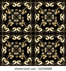 Vintage seamless pattern on a black, gray and brown colors with golden elements. Vector illustration.