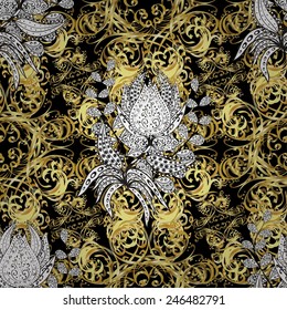 Vintage seamless pattern on a black colors with golden elements. Vector illustration.