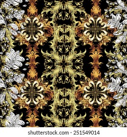 Vintage seamless pattern on a black colors with golden elements. Vector illustration.