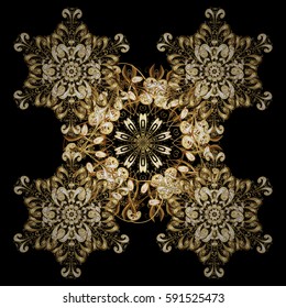 Vintage seamless pattern on a black background with golden elements. Vector illustration.