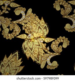 Vintage seamless pattern on a black background with golden elements. Vector illustration.