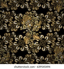 Vintage seamless pattern on a black background with golden elements. Christmas 2019, snowflake, new year.