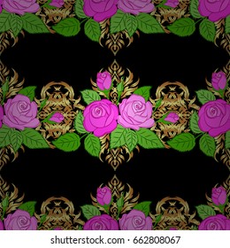 Vintage seamless pattern on a black background. Hand written vector rose flowers and green leaves, stamps, keys.