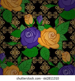 Vintage seamless pattern on a black background. Hand written vector rose flowers and green leaves, stamps, keys.