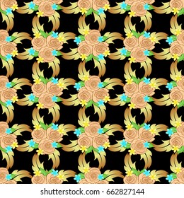 Vintage seamless pattern on a black background. Hand written vector rose flowers and green leaves, stamps, keys.