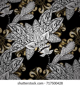 Vintage seamless pattern on a black, white and gray colors with golden elements. Vector illustration.